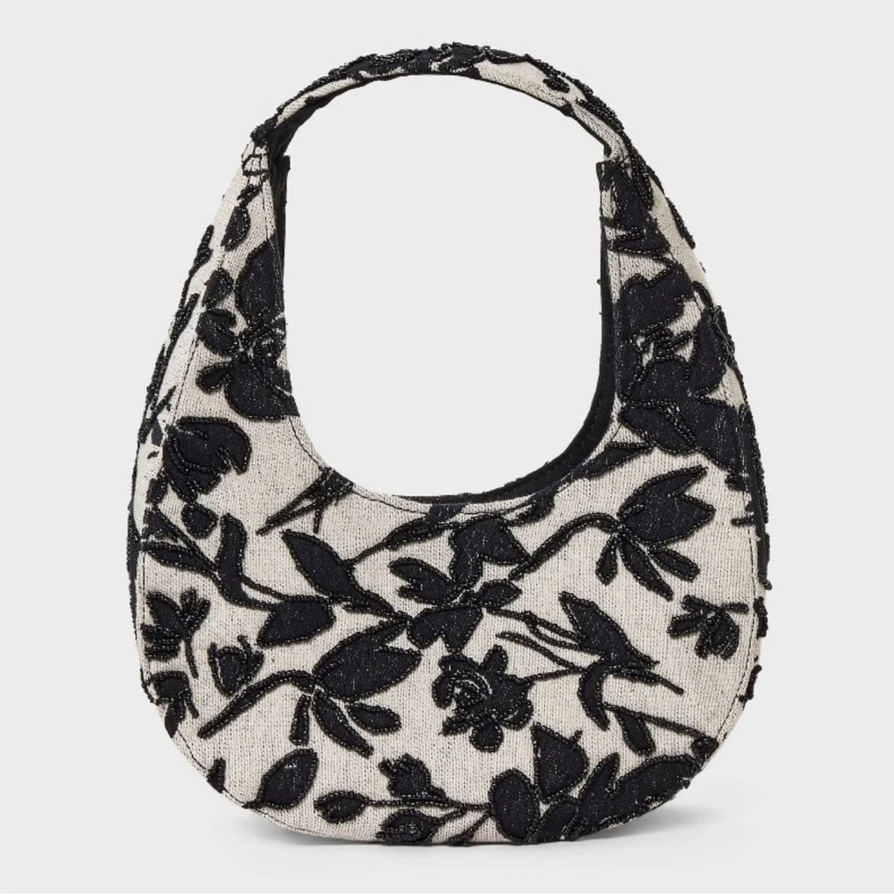 a new day Black Ivory Floral Toille Hobo Bag with Modern Beaded Design::NWT::